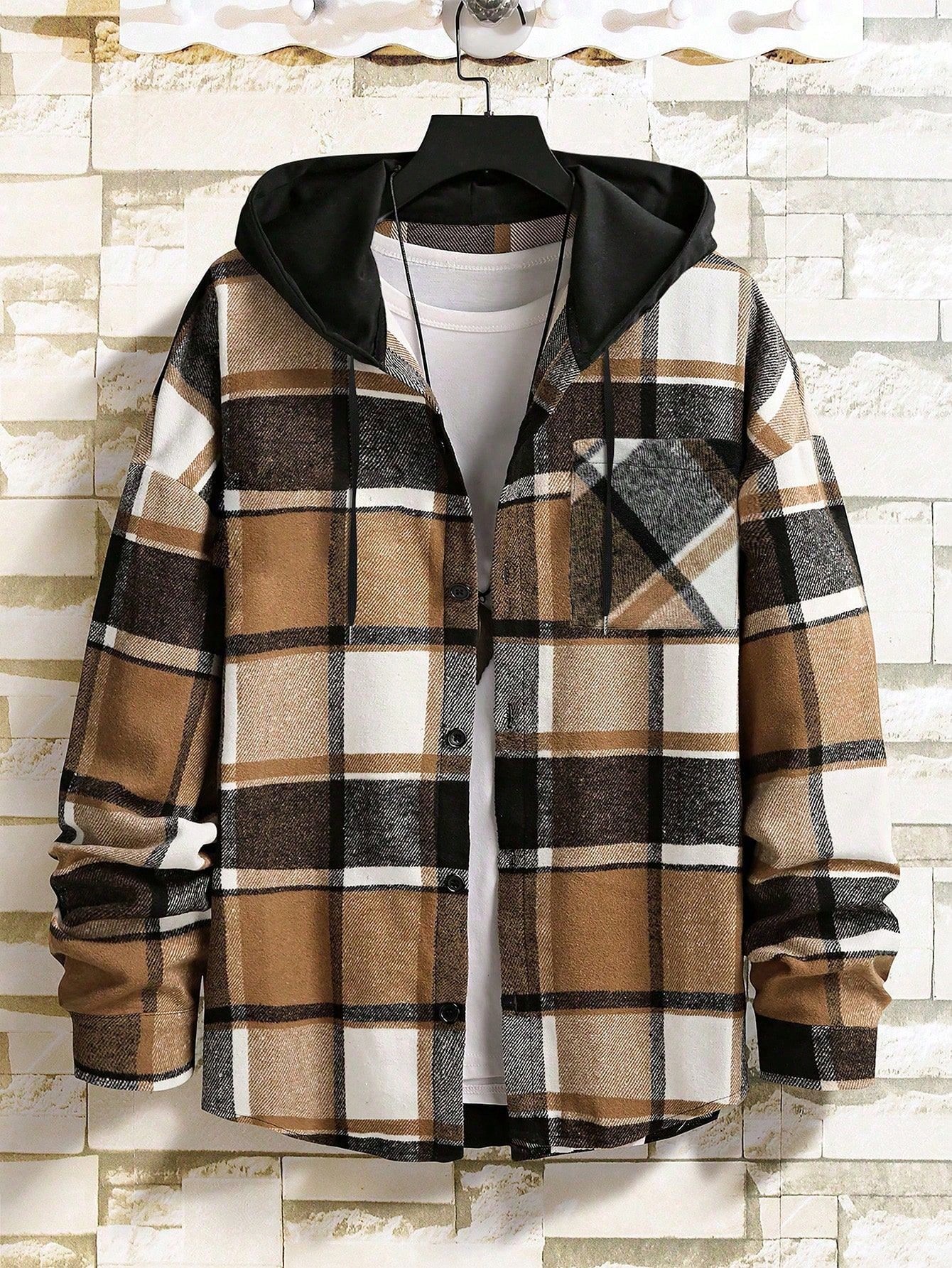 Men Yellow Plaid Hooded Shirt Men Yellow Plaid Hooded Shirt