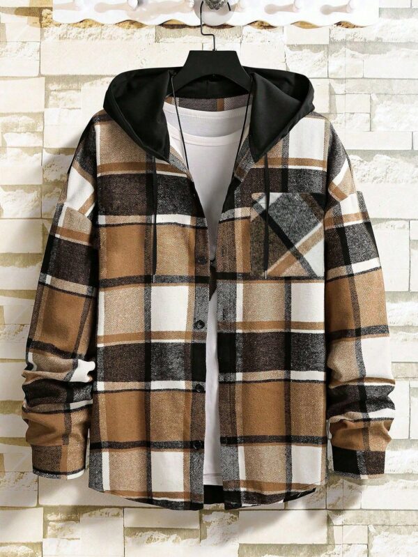 Men Yellow Plaid Hooded Shirt