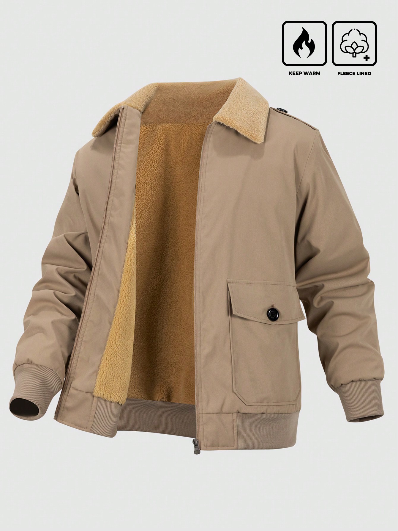 Men Khaki Winter Zip Up Fleece Jacket