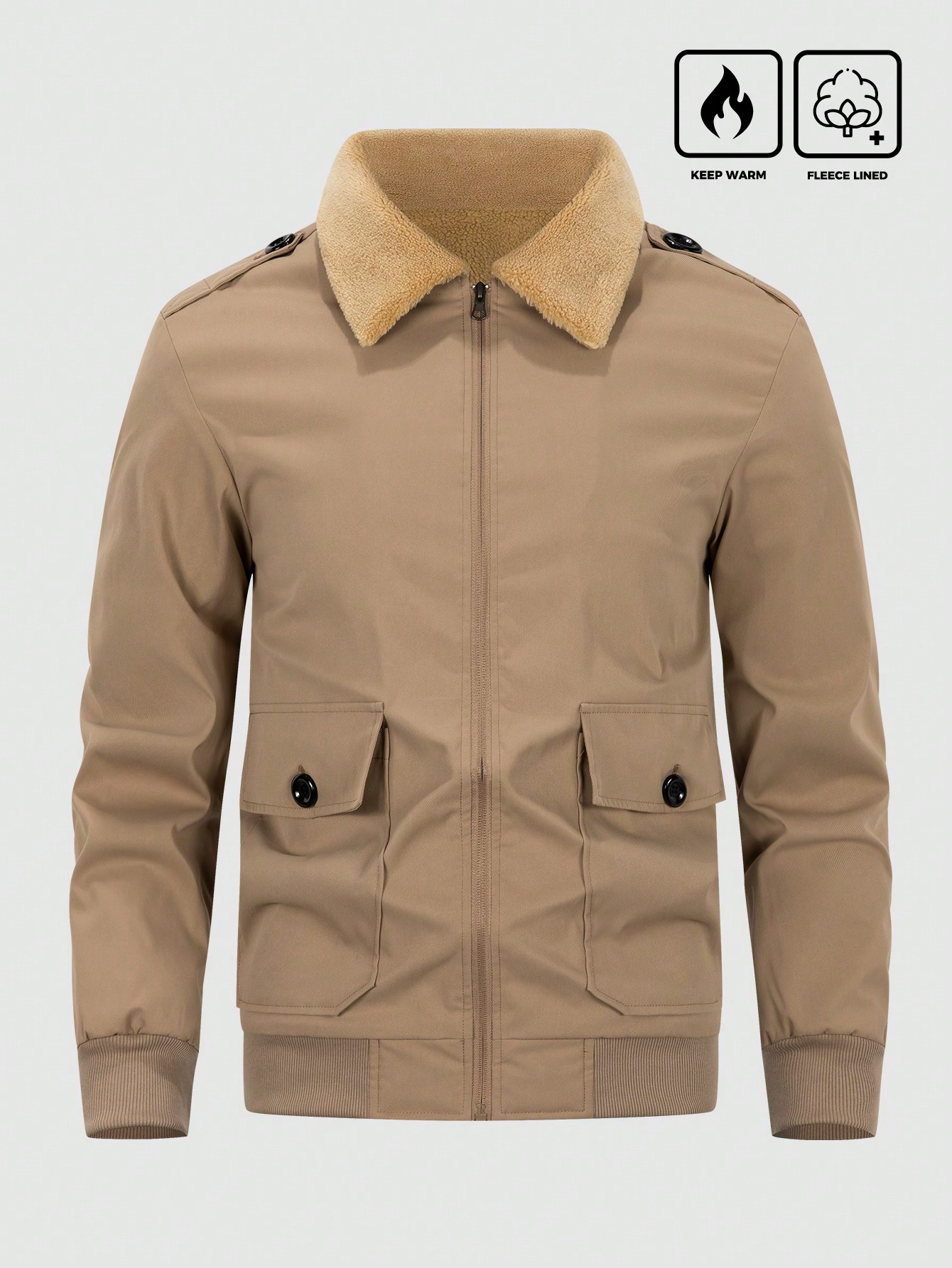 Men Khaki Winter Zip Up Fleece Jacket