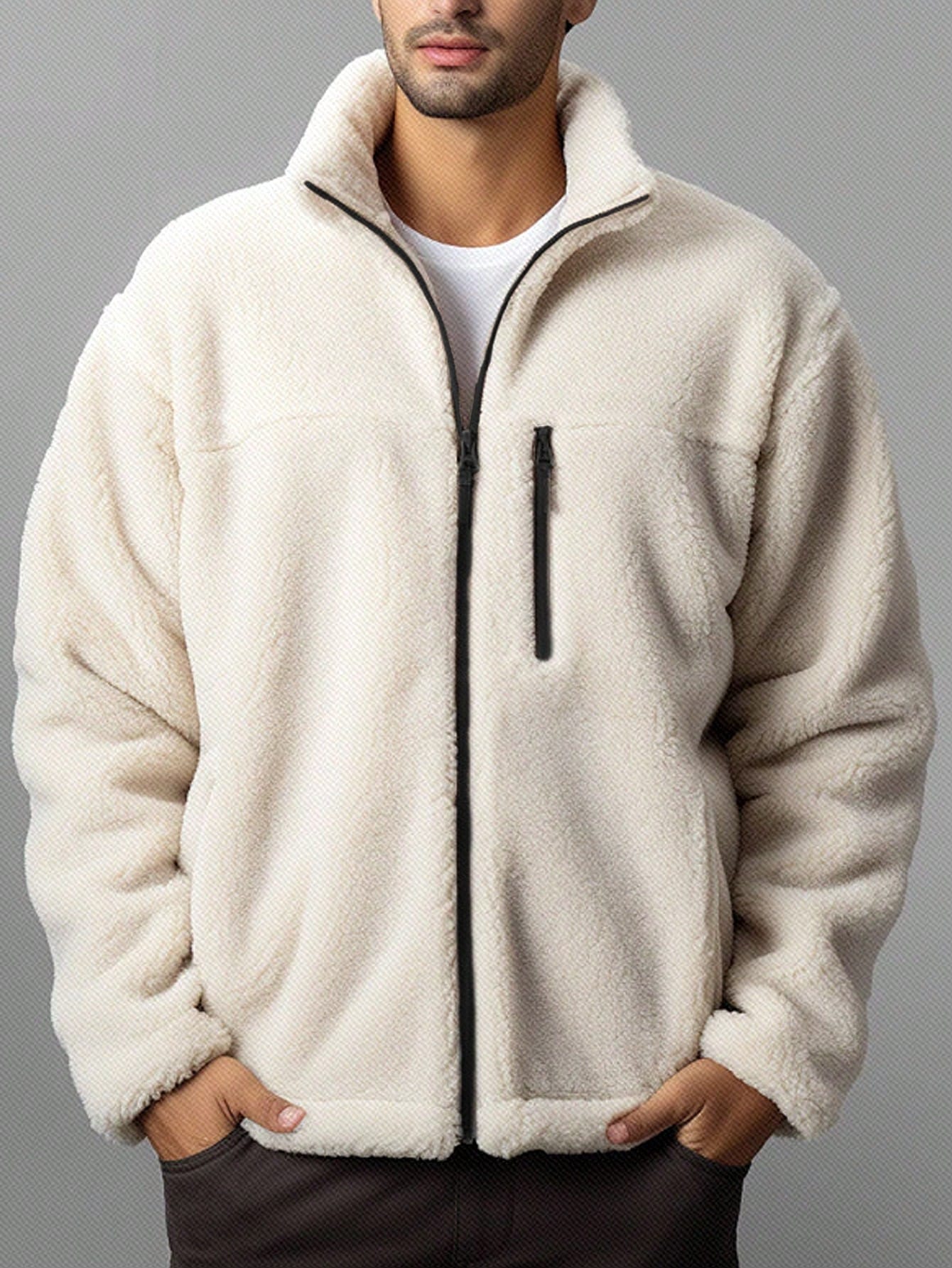 Men Casual Color block Teddy Fleece Zip Jacket
