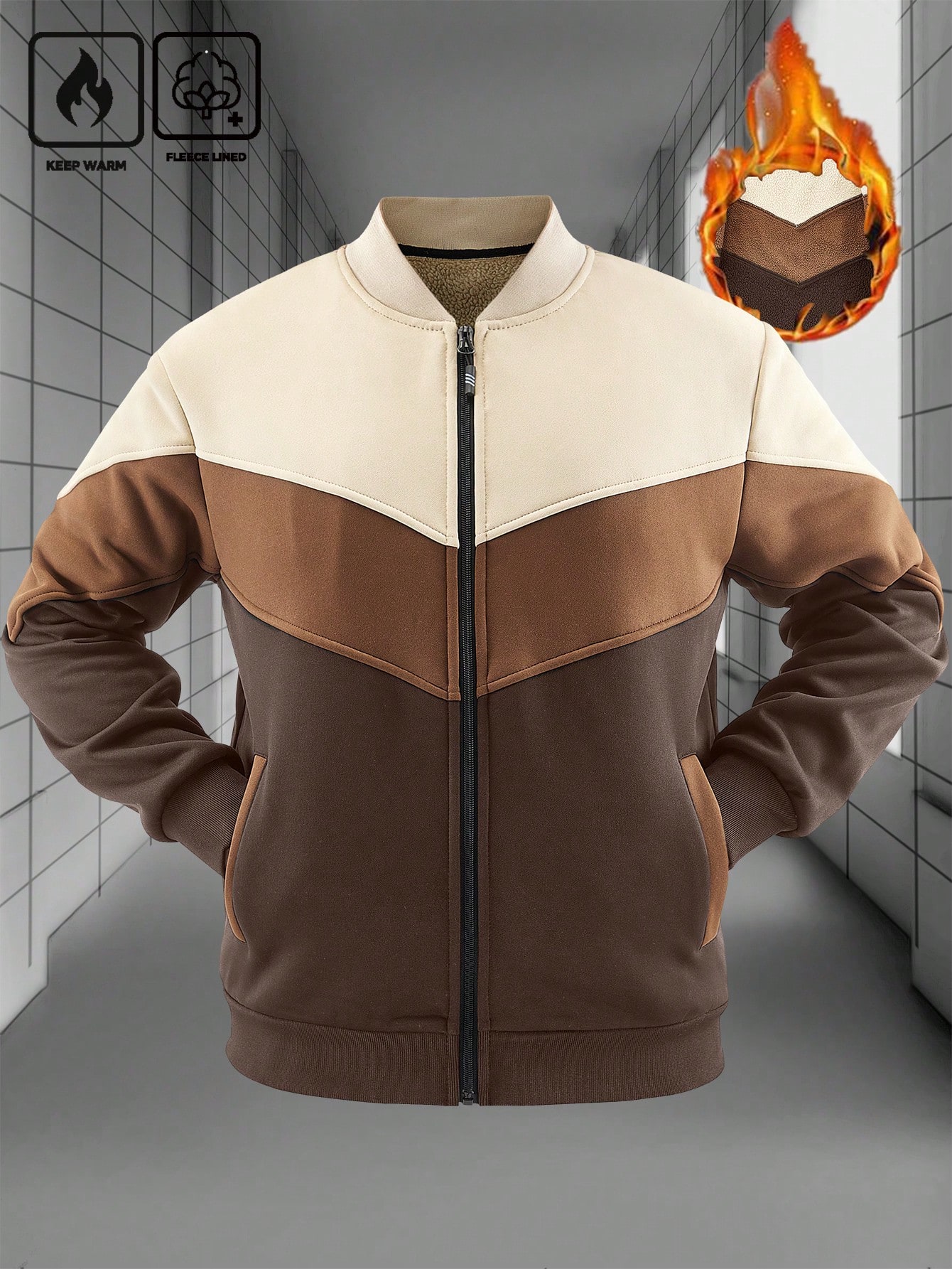 Men Zip Up Collar Casual Baseball Jacket Men Zip Up Collar Casual Baseball Jacket