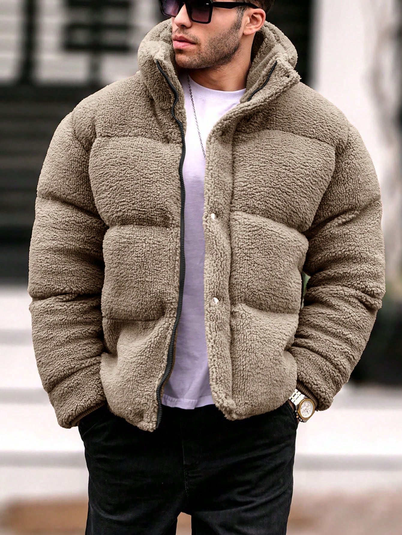 Men Loose Fit Snap Button Fleece Jacket for Winter