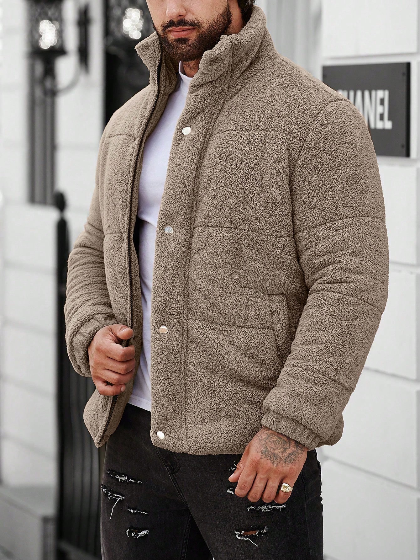 Men Loose Fit Snap Button Fleece Jacket for Winter