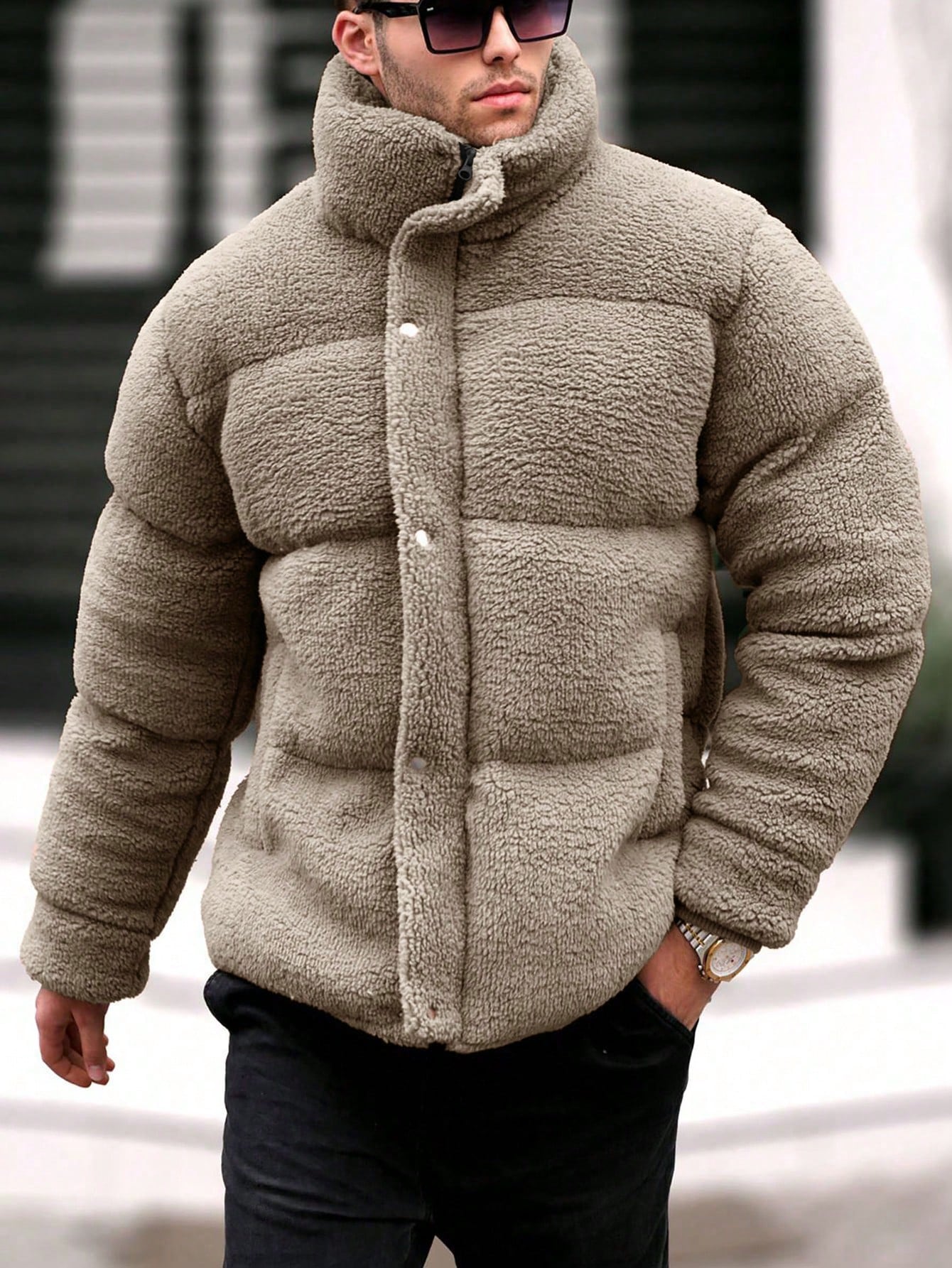 Men Loose Fit Snap Button Fleece Jacket for Winter