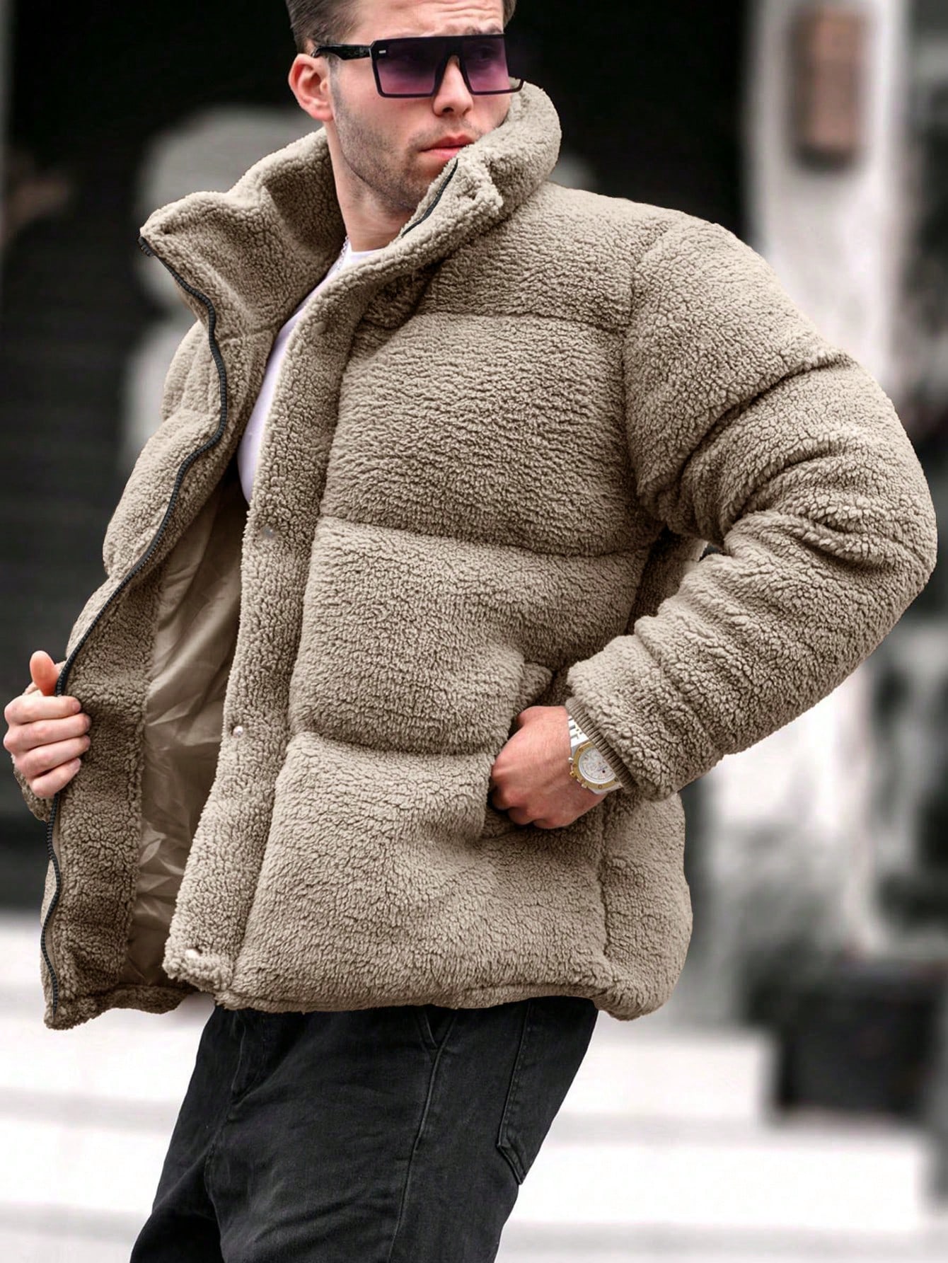 Men Loose Fit Snap Button Fleece Jacket for Winter