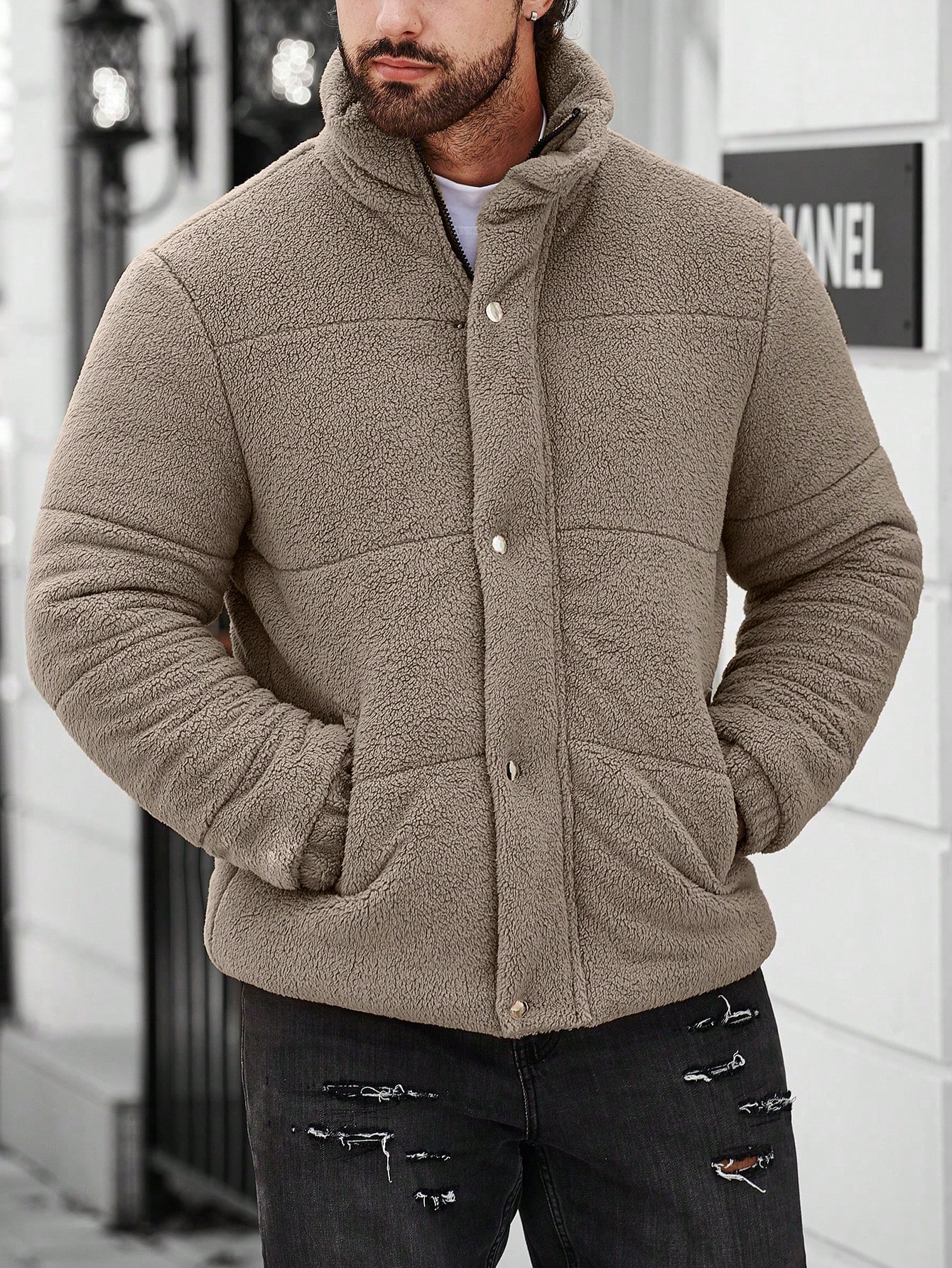 Men Loose Fit Snap Button Fleece Jacket for Winter