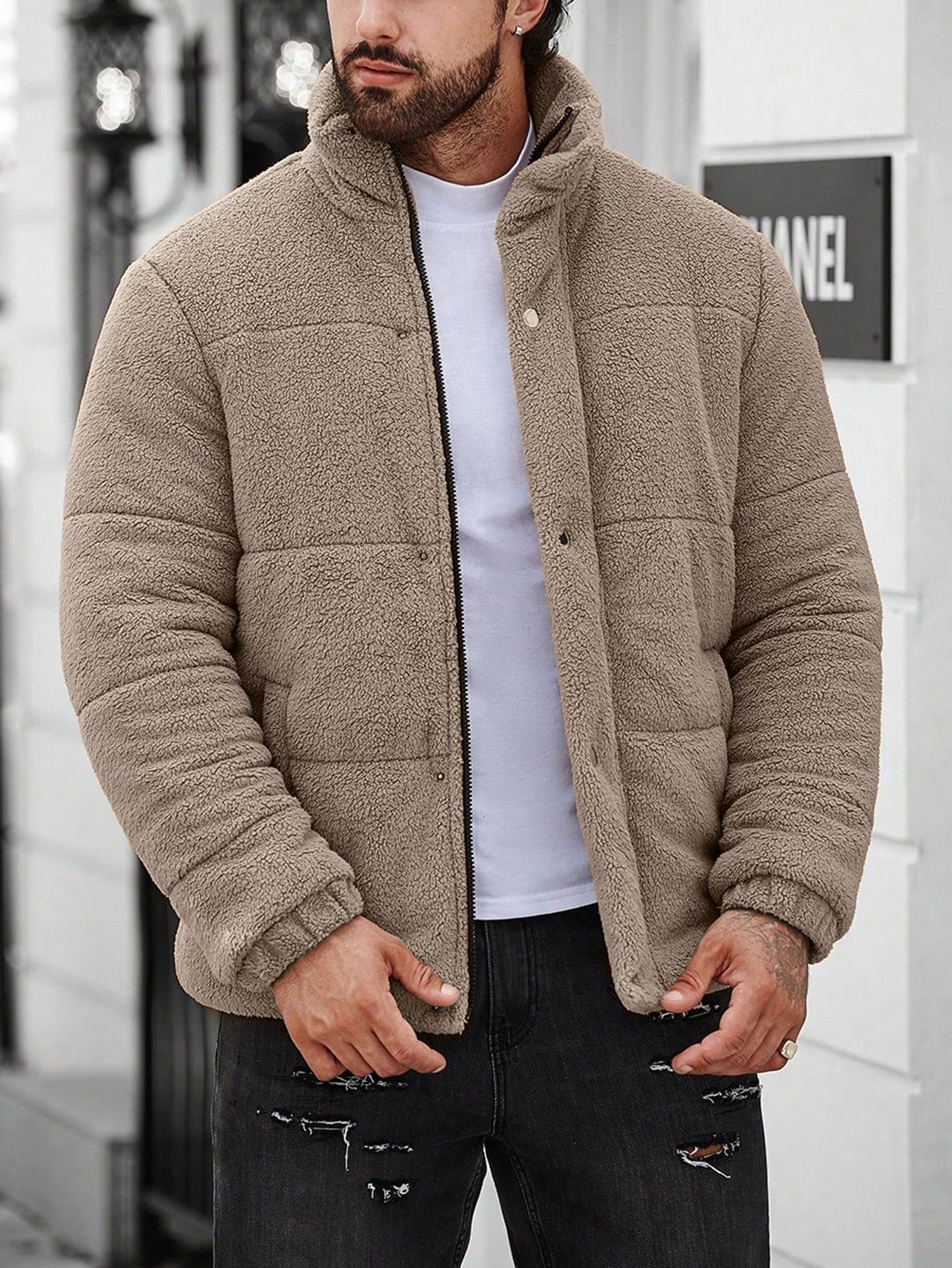 Men Loose Fit Snap Button Fleece Jacket for Winter