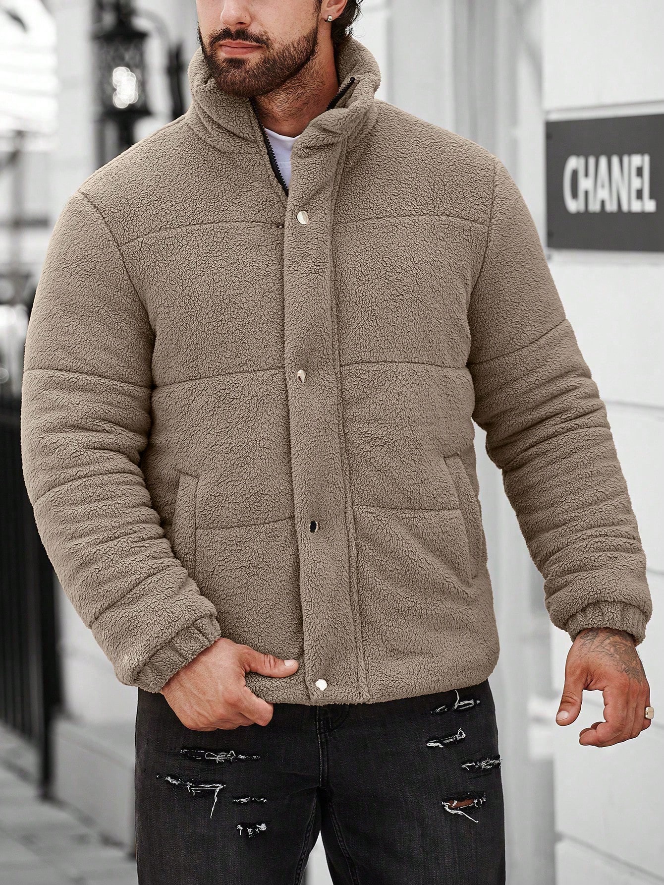 Men Loose Fit Snap Button Fleece Jacket for Winter