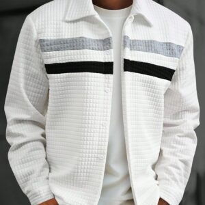 Men White Striped Long Sleeve Shirt Jacket