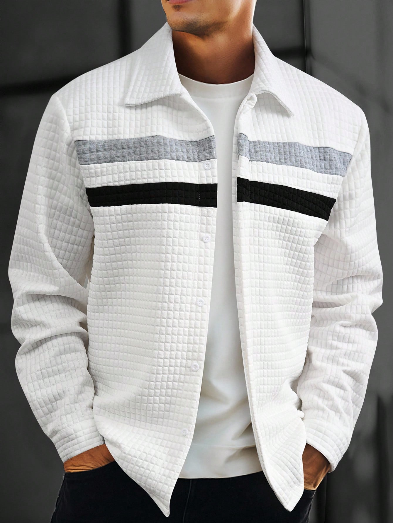 Men White Striped Long Sleeve Shirt Jacket