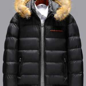 Men Black Colorblock Puffer Coat Winter Jacket