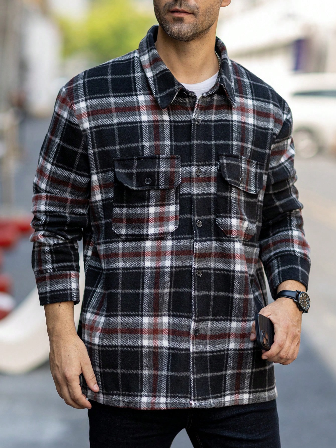 Men Red Black Plaid Flannel Shacket Men Red Black Plaid Flannel Shacket