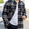 Men Red Black Plaid Flannel Shacket