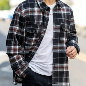 Men Red Black Plaid Flannel Shacket