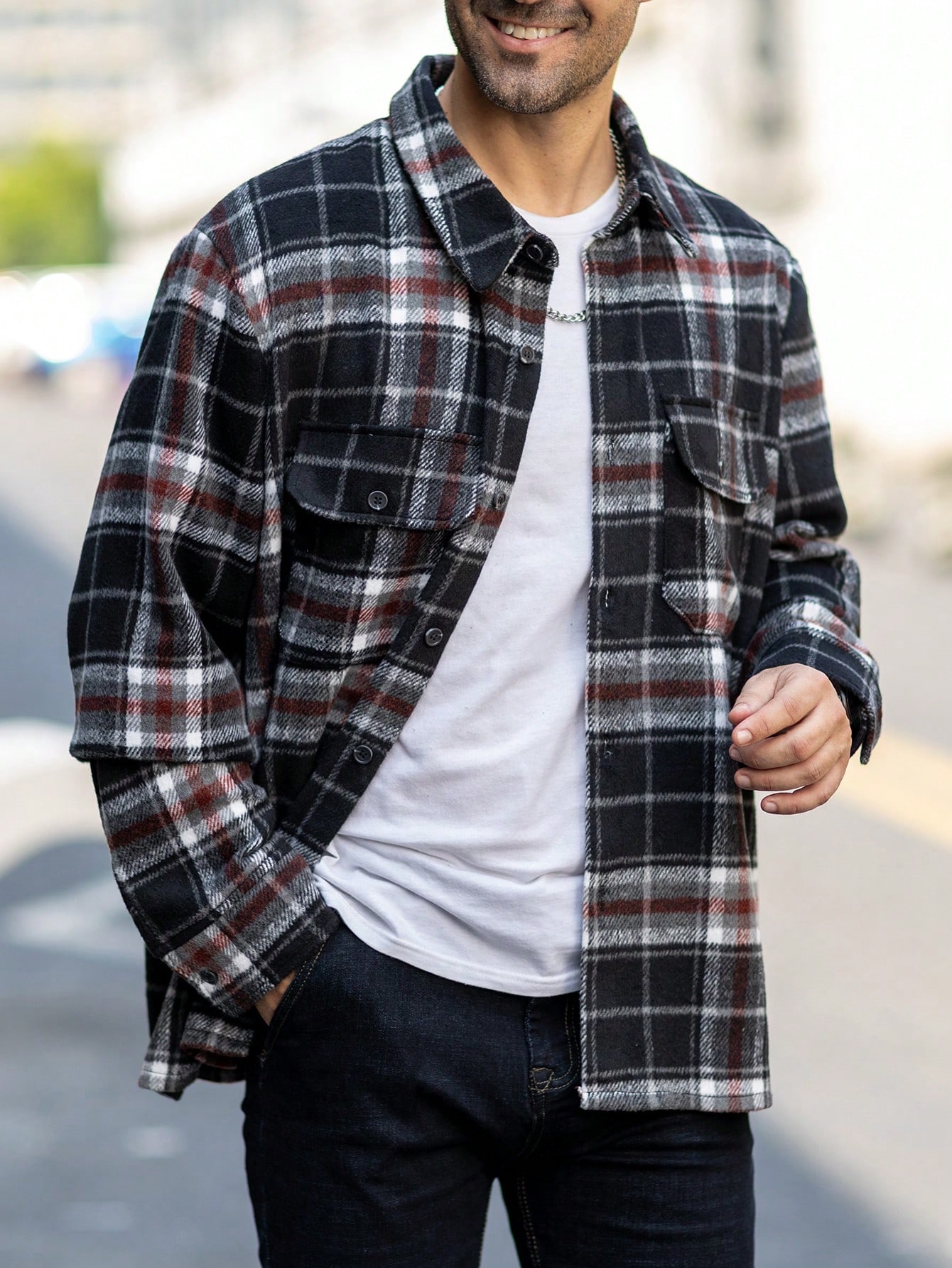 Men Red Black Plaid Flannel Shacket Men Red Black Plaid Flannel Shacket