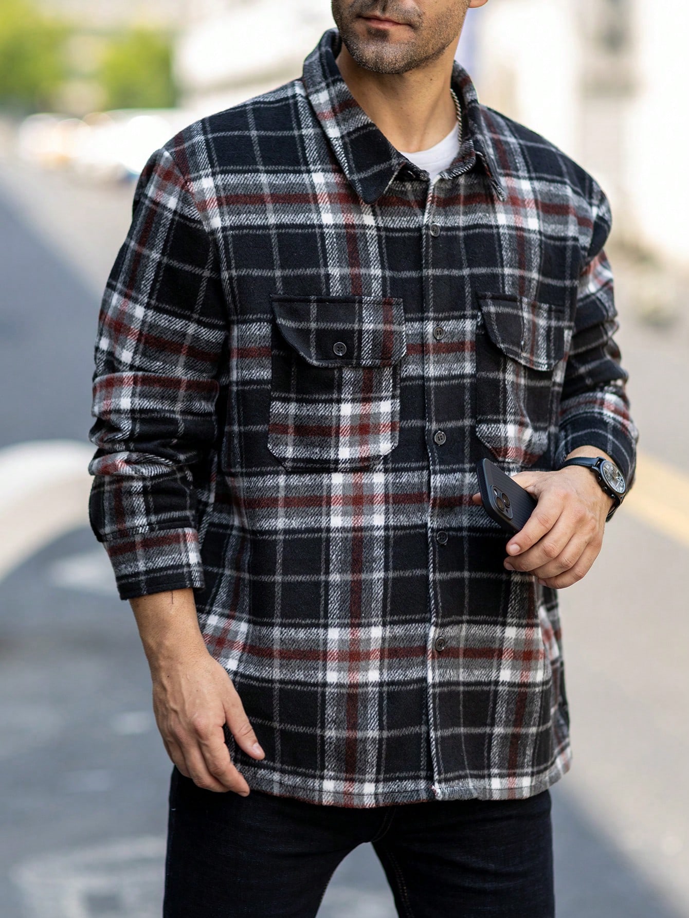 Men Red Black Plaid Flannel Shacket Men Red Black Plaid Flannel Shacket