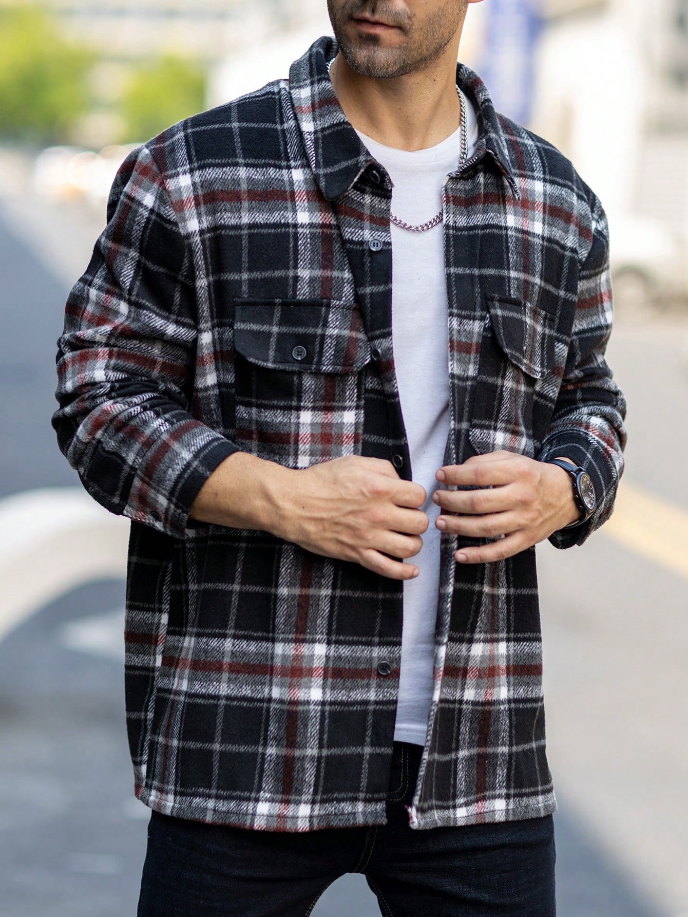 Men Red Black Plaid Flannel Shacket Men Red Black Plaid Flannel Shacket