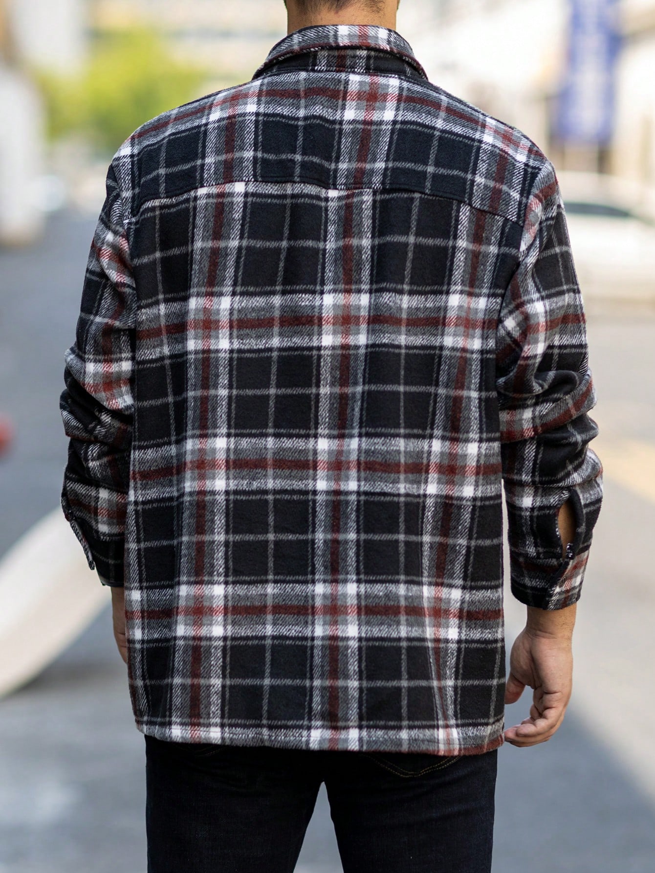 Men Red Black Plaid Flannel Shacket Men Red Black Plaid Flannel Shacket