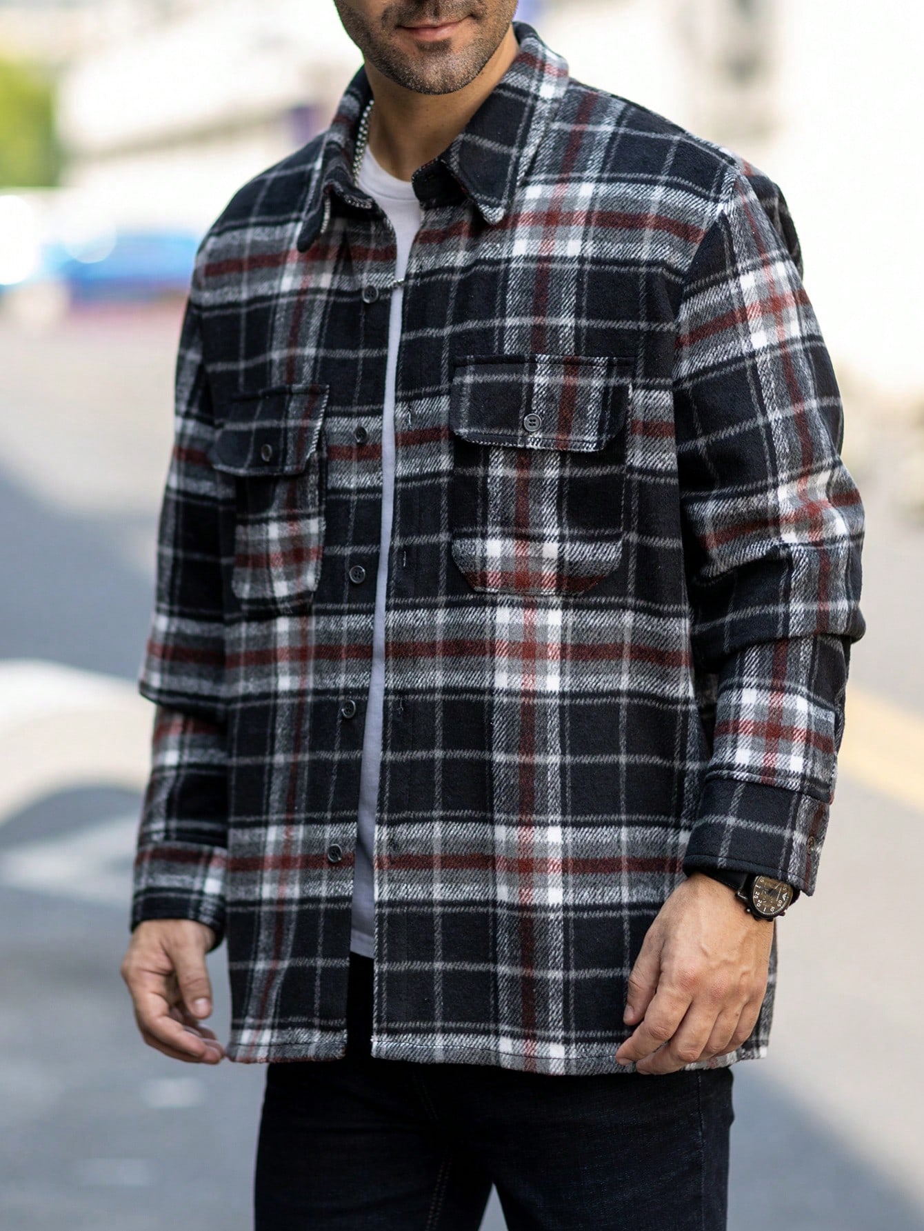 Men Red Black Plaid Flannel Shacket Men Red Black Plaid Flannel Shacket