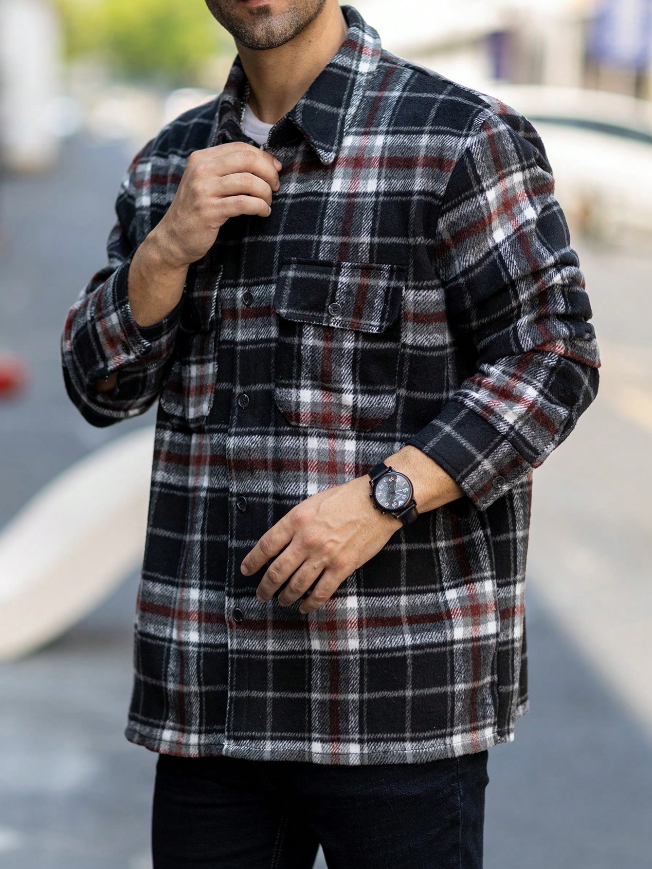 Men Red Black Plaid Flannel Shacket Men Red Black Plaid Flannel Shacket