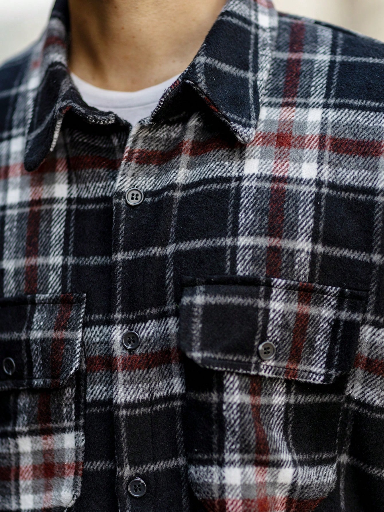 Men Red Black Plaid Flannel Shacket Men Red Black Plaid Flannel Shacket