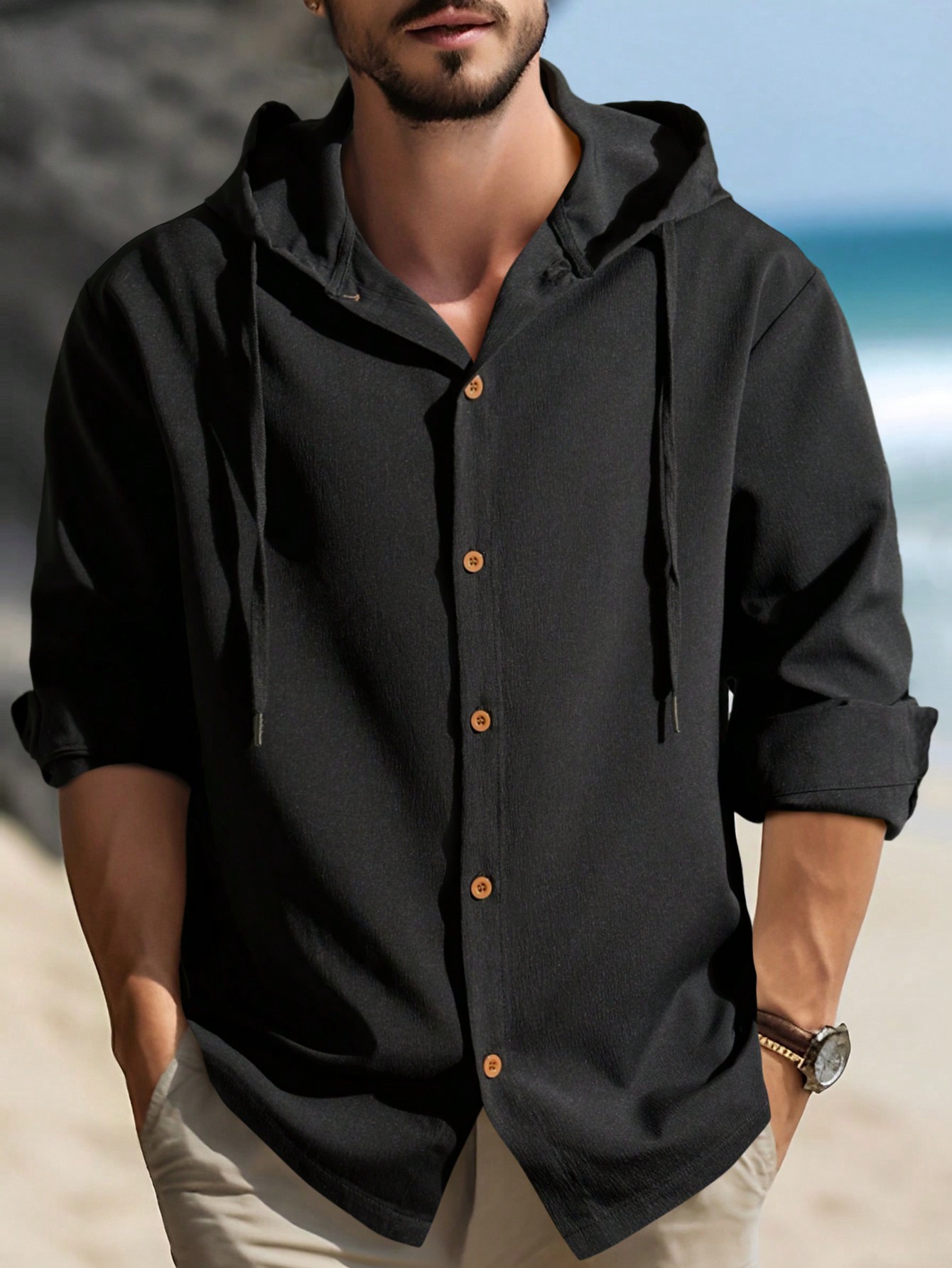 Men Black Hooded Solid Color Shacket