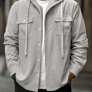 Men Grey Long Sleeve Single Breasted Pocket Hooded Shacket