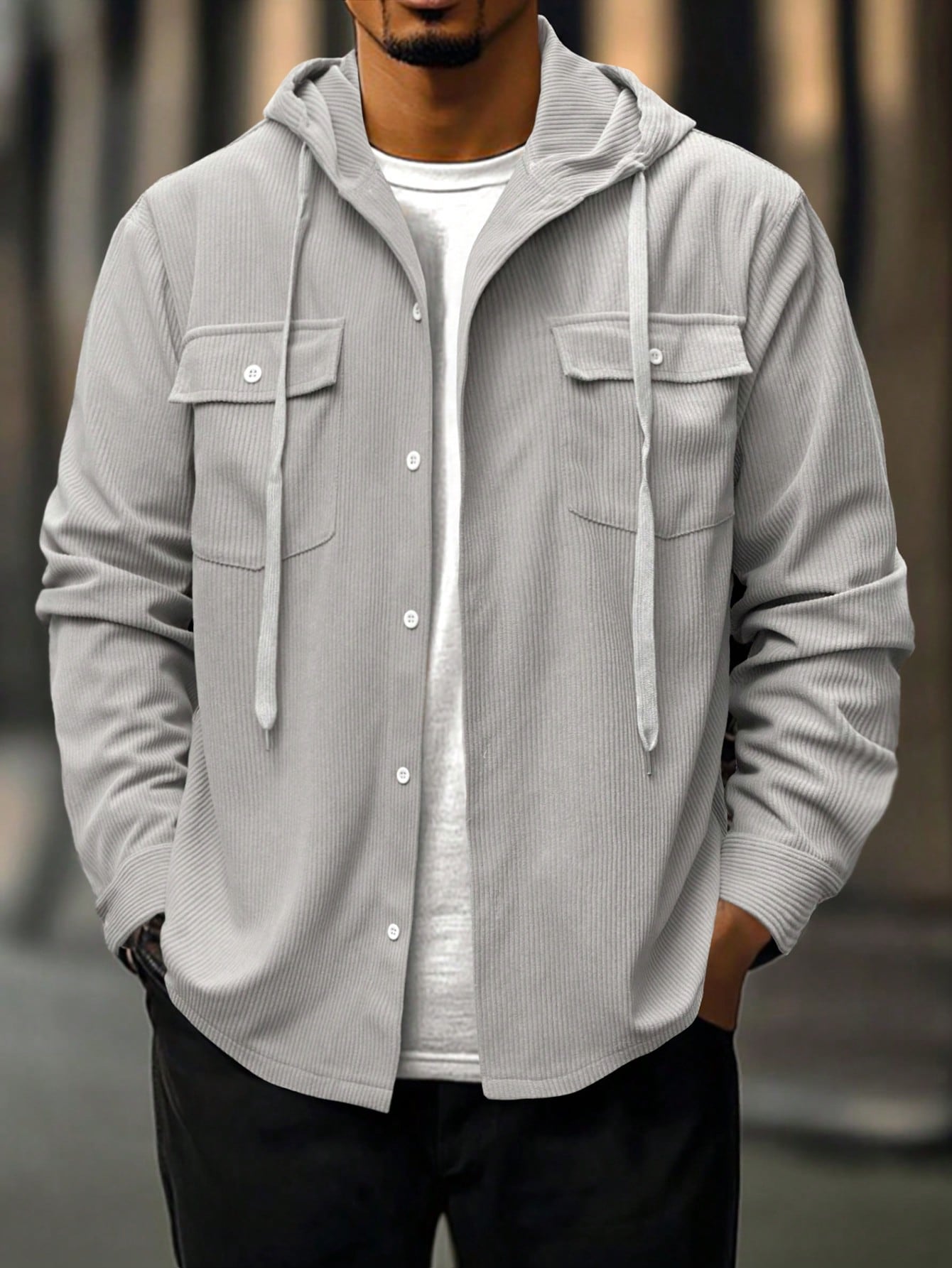 Men Grey Long Sleeve Single Breasted Pocket Hooded Shacket