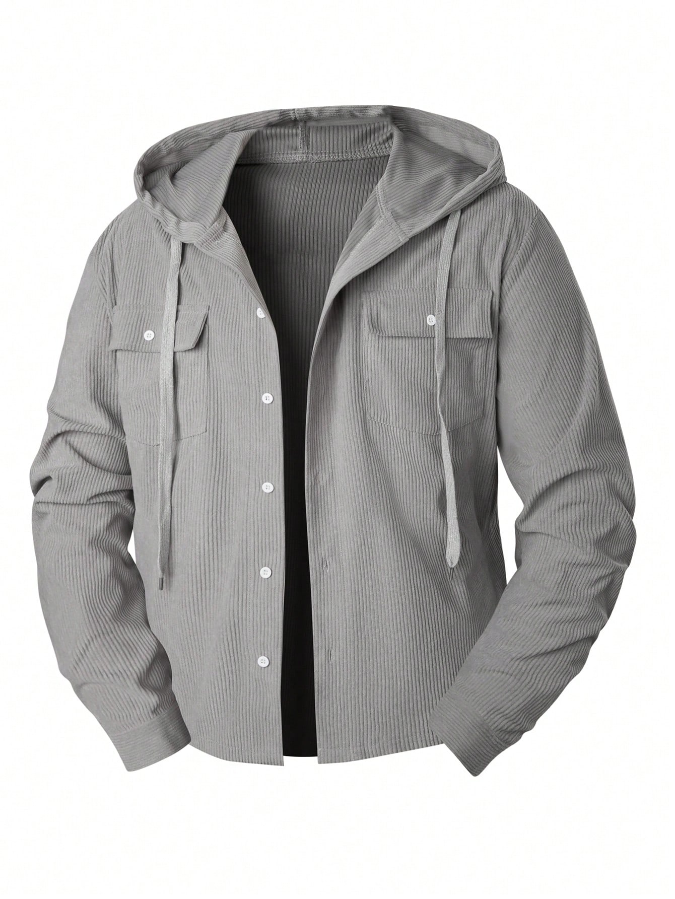 Men Grey Long Sleeve Single Breasted Pocket Hooded Shacket