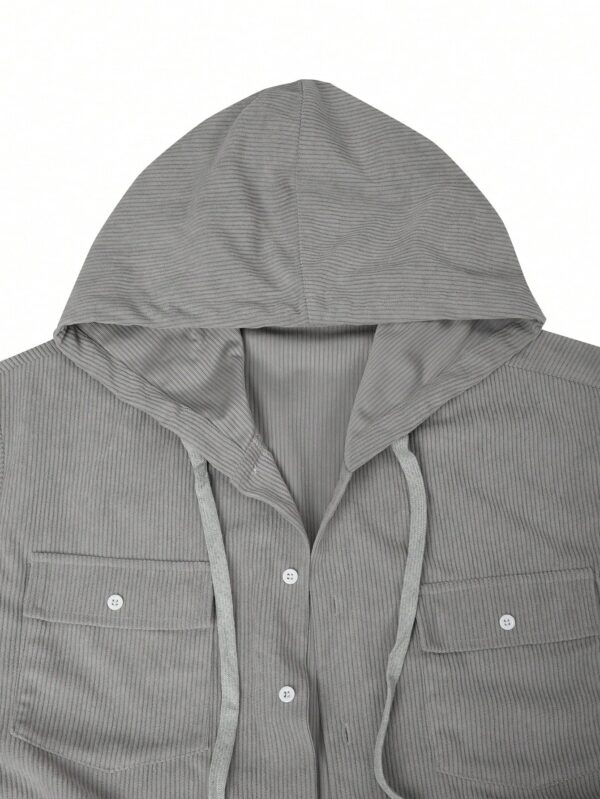 Men Grey Long Sleeve Single Breasted Pocket Hooded Shacket