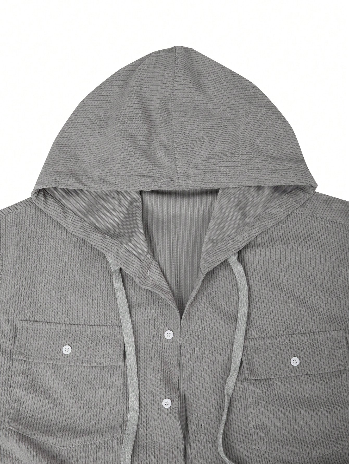 Men Grey Long Sleeve Single Breasted Pocket Hooded Shacket