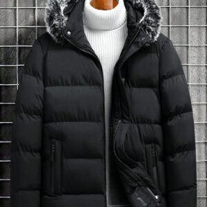 Men Black Hooded Puffer Winter Coats Jacket