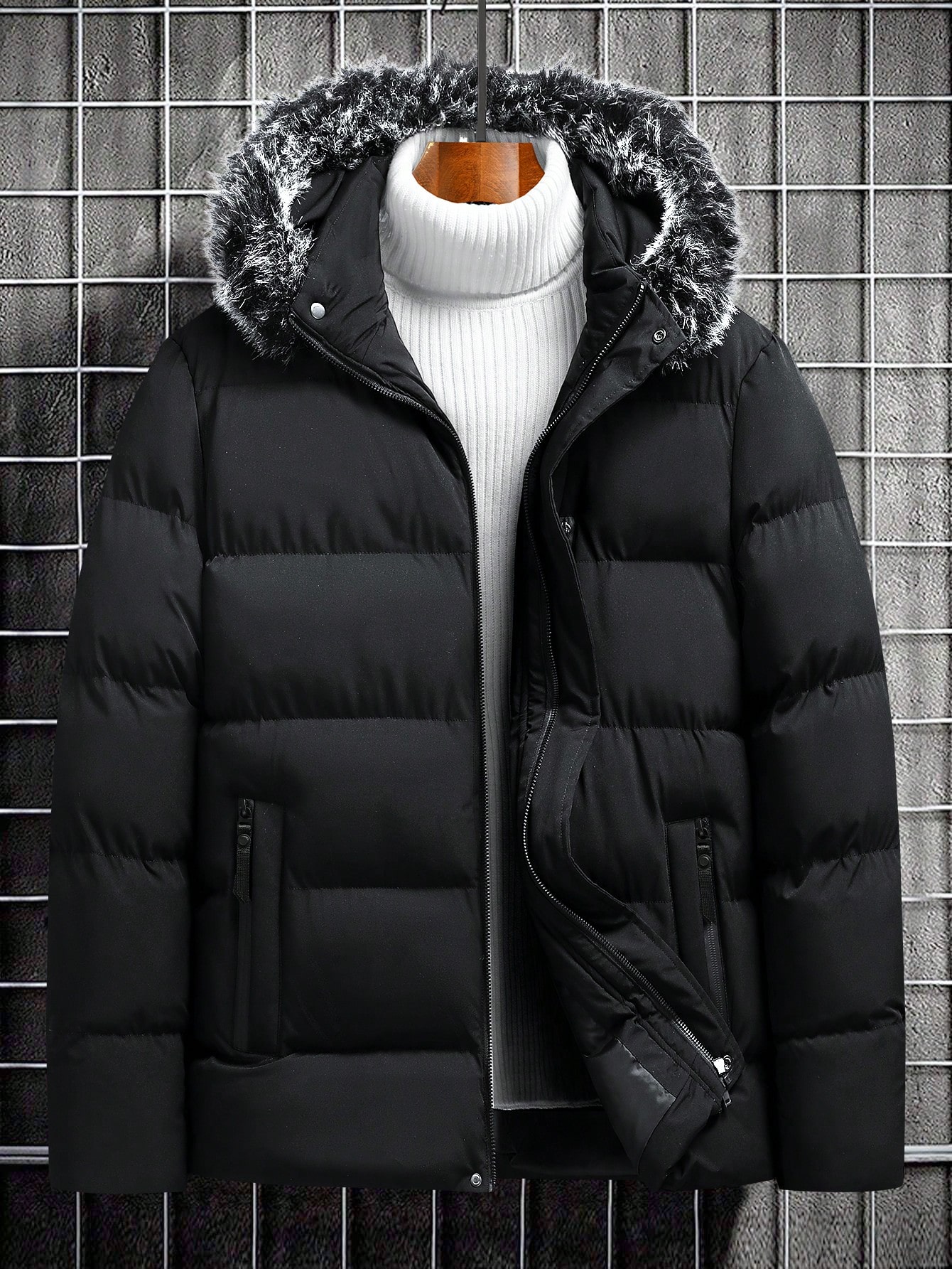 Men Black Hooded Puffer Winter Coats Jacket