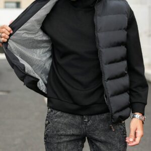 Men Black Funnel Neck Sleeveless Puffer Jacket For Men