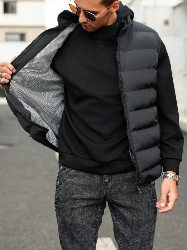 Men Black Funnel Neck Sleeveless Puffer Jacket For Men