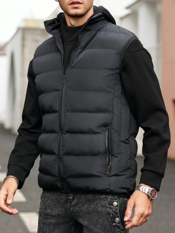 Men Black Funnel Neck Sleeveless Puffer Jacket For Men
