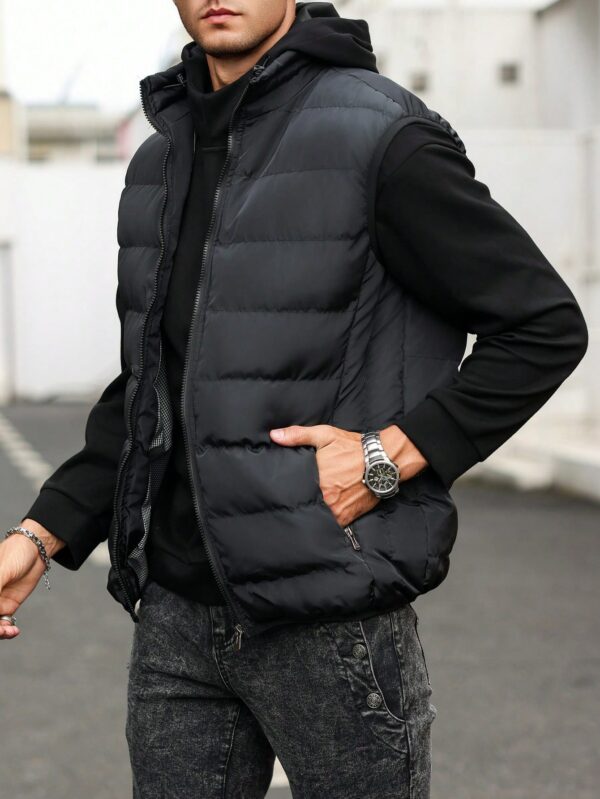 Men Black Funnel Neck Sleeveless Puffer Jacket For Men