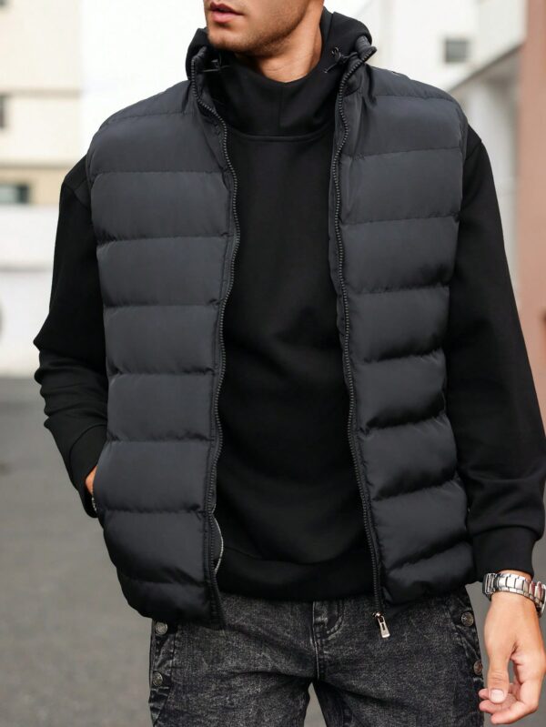 Men Black Funnel Neck Sleeveless Puffer Jacket For Men