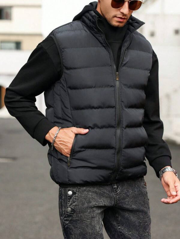 Men Black Funnel Neck Sleeveless Puffer Jacket For Men